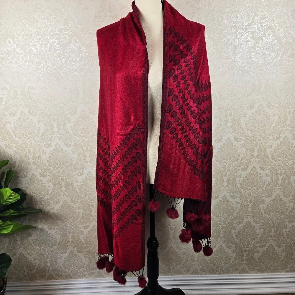 Red and Black Patterned Pashmina Real Fur PomPom Accents at Ends Cozy Warm